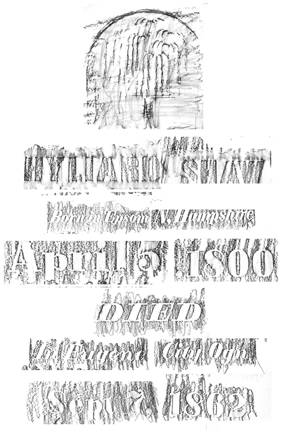 Rubbing of Hilyard Shaw's gravestone: a weeping willow under an arch, his name, born in Epsom, New Hampshire, April 1800, died in Eugene City, Oregon, September 1862.